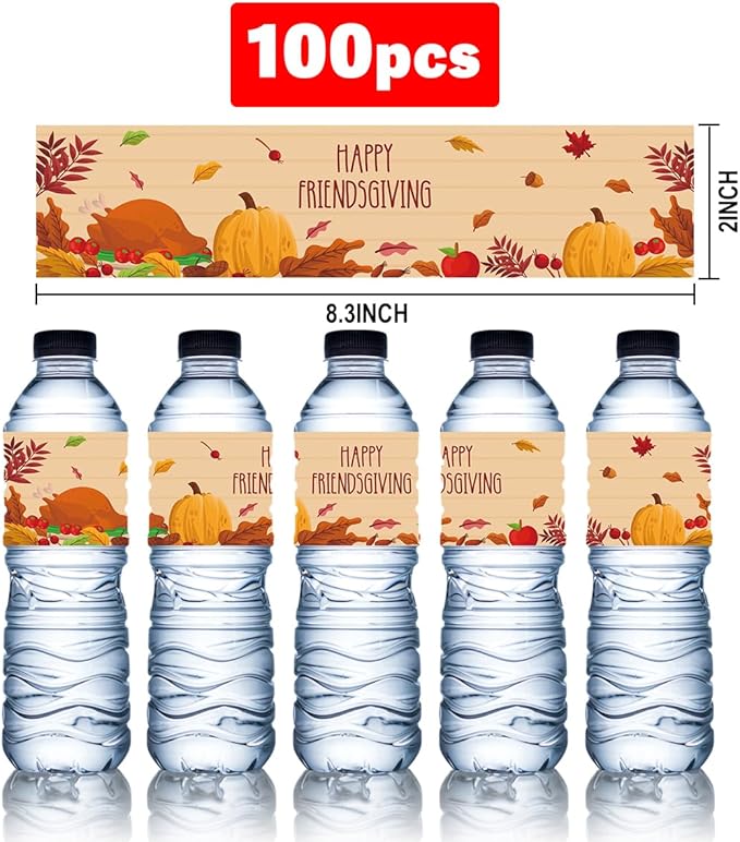 100Pcs Happy Friendsgiving Water Bottle Sticker Labels Decorations Waterproof Wrappers for Friends Party Thanksgiving Day Party Supplies