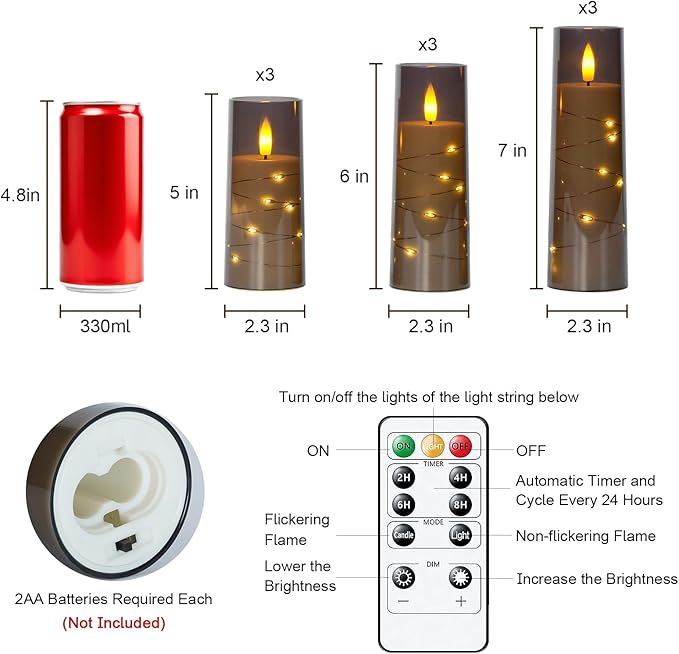 Raycare Flameless Candle with Remote Timer – 9 Flickering Acrylic Battery Operated LED Pillar Candles with Embedded Star String for Christmas, Home Decor, and as a Gift(Grey)