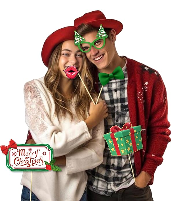 32PCS Christmas Photo Booth Props Set – Funny Xmas Party Decorations with Santa Hats, Glasses, Beards, Elf Ears & Signs – Christmas Party Supplies for Kids & Adults Holiday Photo Booth
