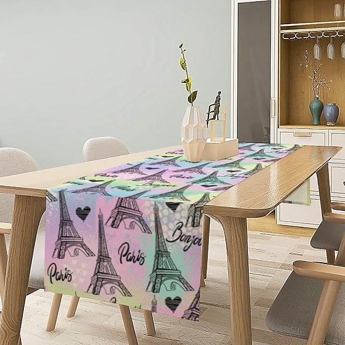 Paris Eiffel Tower Table Runner, Modern Eiffel Tower Dinner Runner for Farmhouse Kitchen Dining Table Holiday Party Decoration 13 x 90 Inch