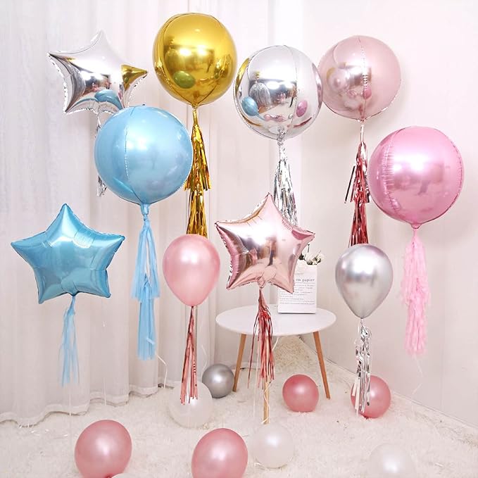 6 Pack Pearl Blue 22 Inch 4D Foil Balloons Big 360 Degree Round Sephere Mylar Balloons Mirror Finish Metallic Balloons for Wedding,Birthday,Bachelorette,Baby Shower Decorations Party Supplies
