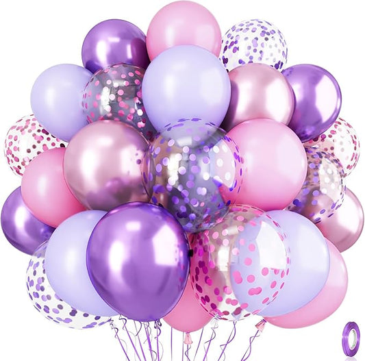 Pastel Pink and Purple Balloons, 12 Inch Light Purple Baby Pink Confetti Balloons with Metallic Lilac Latex Balloon Set for Girls Women Butterfly Birthday Baby Bridal Shower Wedding Party Decorations