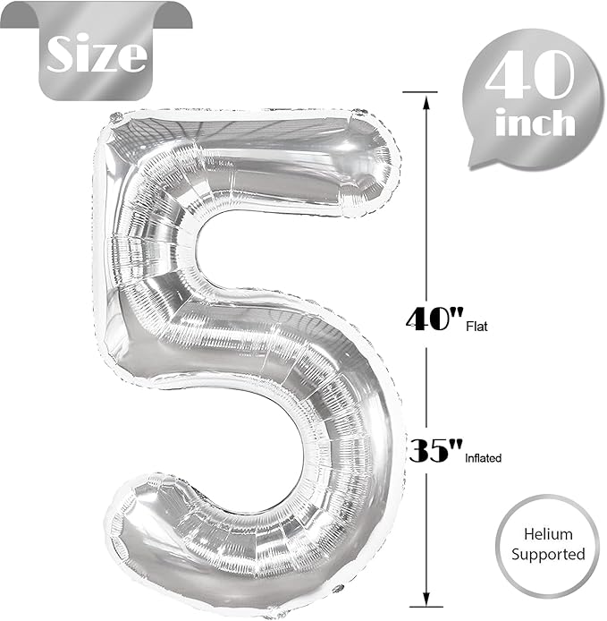 Silver Number 5 Balloon 40 Inch, 5th Birthday Party Decorations for Children, Giant 5 Foil Balloon for Party Supplies