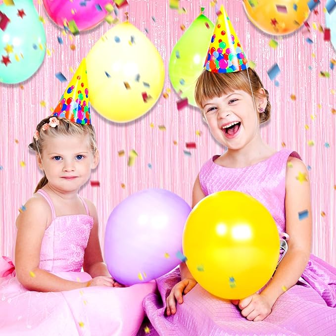 3 Pack Macaron Pink Foil Fringe Curtain Backdrop, 3.28Ft x 8.2Ft Metallic Tinsel Foil Fringe Streamer Curtains for Photo Booth, Mother's Day, Easter, Birthday, Wedding Party Decorations