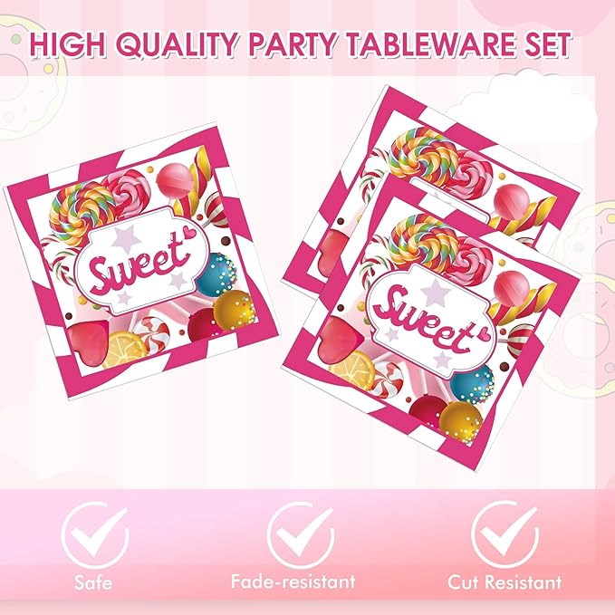 40 Pcs CandyLand Party Decorations Sweet Candy Theme Birthday Party Decorations Disposable Dessert Candy Tableware Paper Plates Napkins for Birthday Baby Shower Sweet Shop Decor
