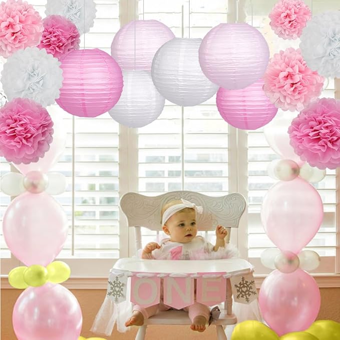 15Pcs Party Pack Paper Lanterns and Pom Pom Balls Hanging Decoration for Wedding Birthday Baby Shower-Pink/White