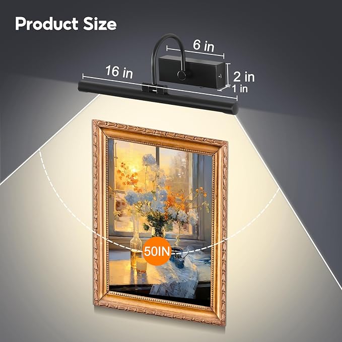 16" Picture Lights for Wall Battery Operated with Remote and Timer, Wireless Art Lights for Paintings, Rechargeable Wall Sconce, Dimmable Lighting for Canvas, Gallery Artwork, Portraits, Black