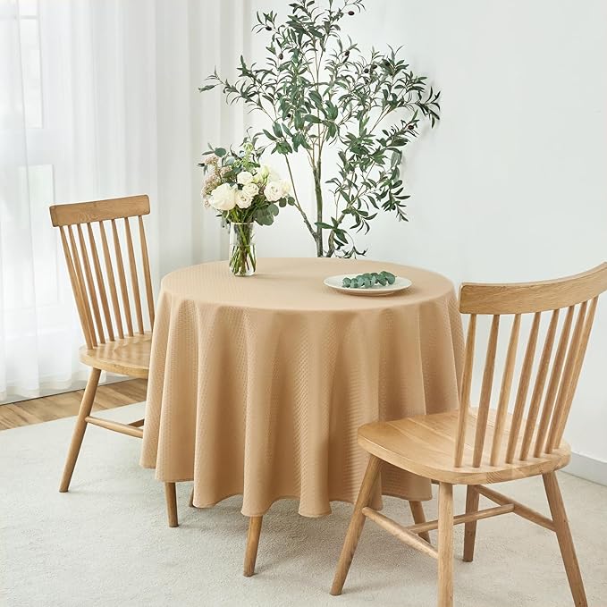 maxmill Round Weaved Texture Design Tablecloth Spill-Proof Wrinkle Free Soft Washable Table Cloth for Circular Table Cover, for Dining Room Buffet Banquet Parties Holiday Dinner, 70 Inch Beige