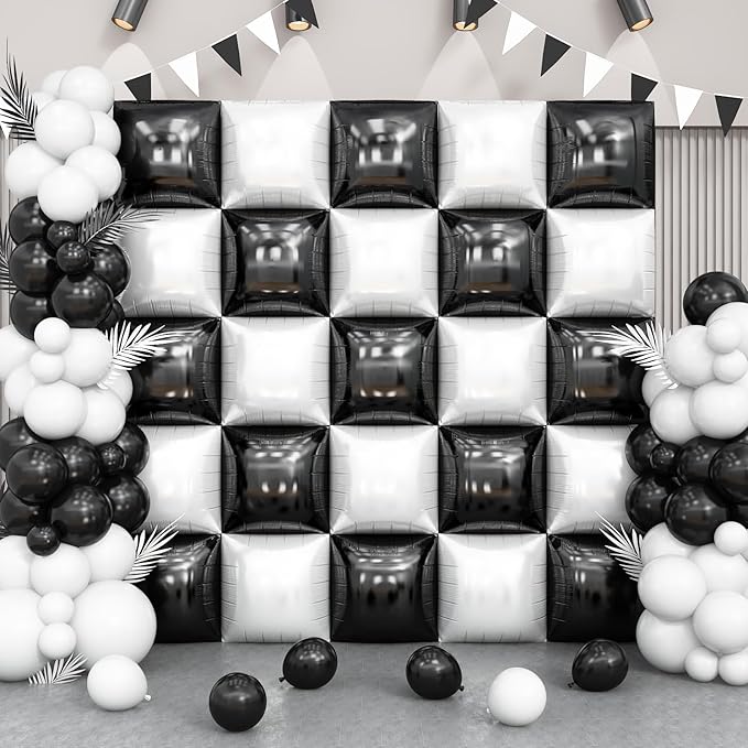 Black and White Square Foil Balloon Wall, 25 PCS Double Sided Checkered Balloons Flat Square Balloon Backdrop for Checkerboard Racing Themed Birthday Party Background Decoration