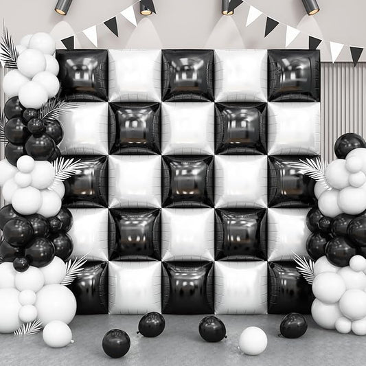 Black and White Square Foil Balloon Wall, 25 PCS Double Sided Checkered Balloons Flat Square Balloon Backdrop for Checkerboard Racing Themed Birthday Party Background Decoration