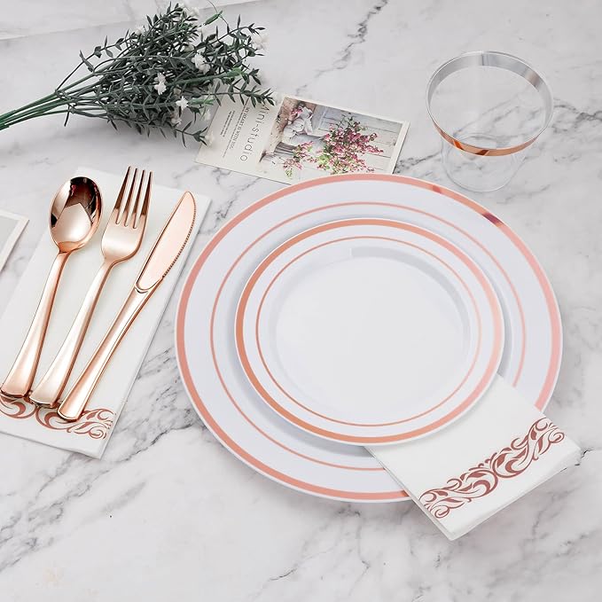 BESTVIP 175PCS Rose Gold Disposable Dinnerware Set for 25 Guests, Plastic Plates for Party, Wedding, Christmas, Halloween, Include: 50 Plastic Plates, 25 Rose Gold Silverware, 25 Cups, 25 Napkins