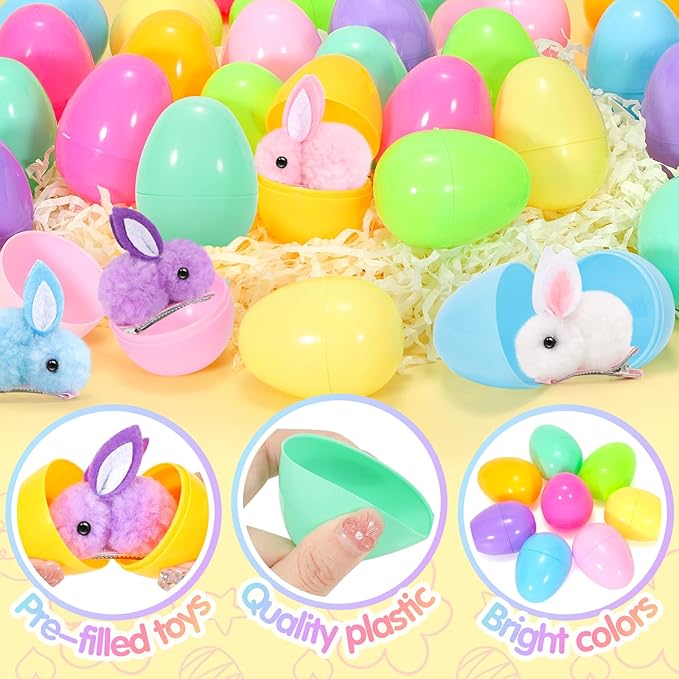 SevenQ Easter Eggs Fillers with Bunny Hair Clips Colorful 24 Pack, Easter Basket Stuffers Party Favors Gift Bags for Kids Cute Stuff Plush Fidget Toys Classroom Treasure Box Egg Hunt Games Supplies