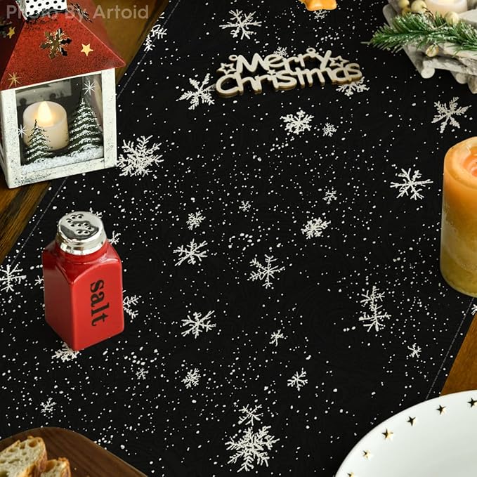Artoid Mode Snowman Birds Trees Christmas Table Runner, Seasonal Black Winter Holiday Kitchen Dining Table Decoration for Home Party Decor 13 x36 Inch