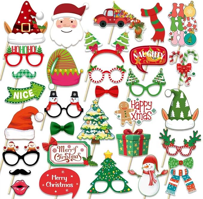 32PCS Christmas Photo Booth Props Set – Funny Xmas Party Decorations with Santa Hats, Glasses, Beards, Elf Ears & Signs – Christmas Party Supplies for Kids & Adults Holiday Photo Booth