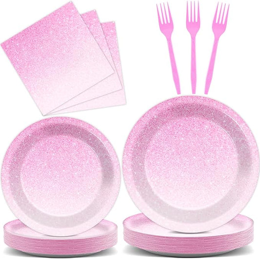 96 Pcs Ombre Pink Party Supplies Set for 24 Guests Gradient Pastel Pink Tableware Plates Dinnerware Table Decorations for Girls Woman Light Pink Sprinkle Wedding Birthday Anniversary Party Favors
