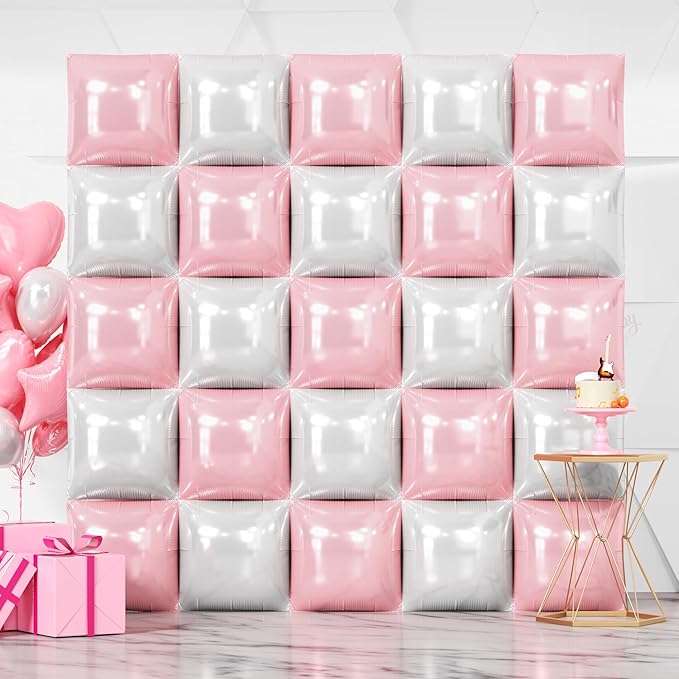 NISOCY 25PCS Pearl Pink and White Square Foil Balloons Wall Backdrop Double Sided Pink and Pearl White Balloons Arch Kit for Wedding Birthday Baby Shower Bride Girl Party Decorations