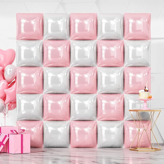 NISOCY 25PCS Pearl Pink and White Square Foil Balloons Wall Backdrop Double Sided Pink and Pearl White Balloons Arch Kit for Wedding Birthday Baby Shower Bride Girl Party Decorations