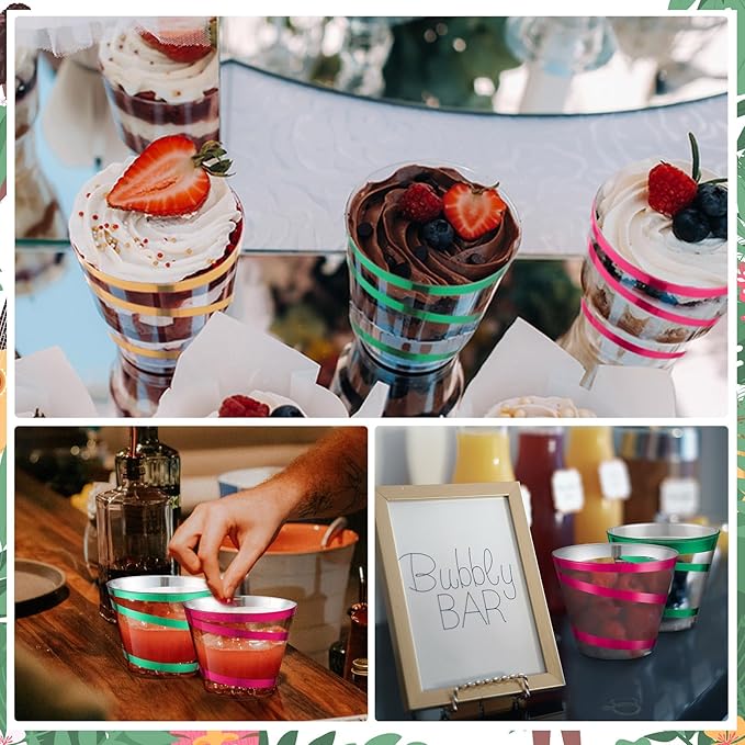 Gejoy 9 oz Rimmed Swirl Plastic Cups Disposable Wine Drinking Cups Clear Elegant Halloween Tumblers for Christmas Party Supplies(Hot Pink, Gold, Green,60 Pcs)