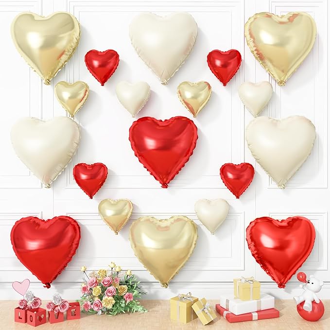 Red Gold Heart Balloons, 19PCS Red White Champagne Gold Heart Shape Balloon, 18Inch with 10Inch Cream Helium Foil Love Balloon for Birthday Baby Shower Wedding Valentines Decorations