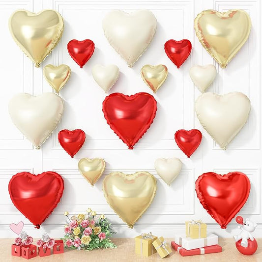 Red Gold Heart Balloons, 19PCS Red White Champagne Gold Heart Shape Balloon, 18Inch with 10Inch Cream Helium Foil Love Balloon for Birthday Baby Shower Wedding Valentines Decorations
