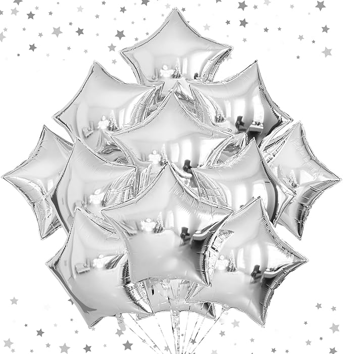 20 Pcs Star Balloons,18 Inch Silver Foil Balloons Glitter Star Shape Balloon Large Mylar Balloon for New Year Christmas Birthday Wedding Anniversary Baby Shower Gender Reveal Party Decorations