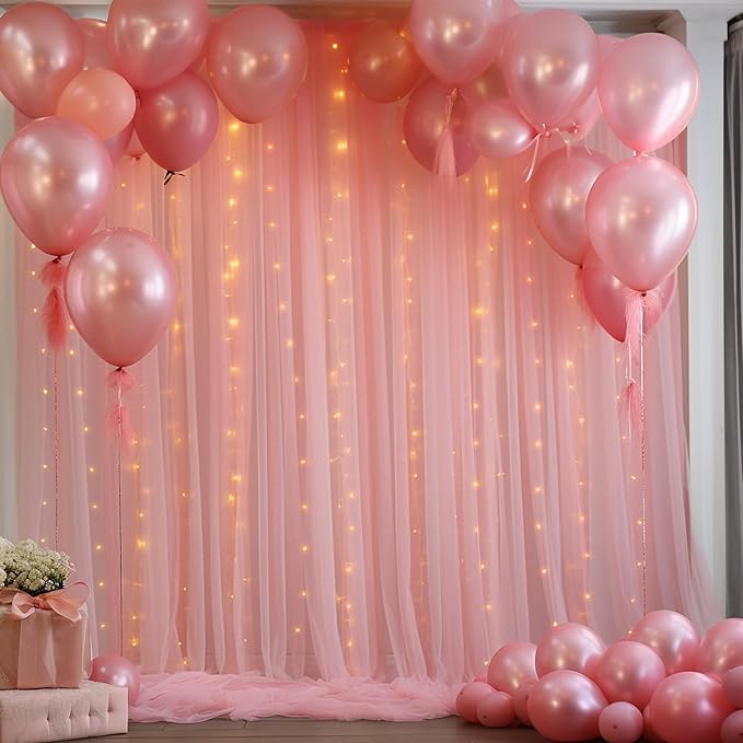 10ft x 8ft Dusty Rose Backdrop Curtain with Lights String for Parties, Sheer Tulle Wedding Photo Backdrops Drapes for Baby Shower Birthday Party Decorations Background for Photography