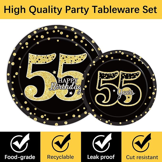 96 Pcs 55th Birthday Party Supplies 55th Birthday Tableware Plates Cheers to 55 Years Table Decorations Dinnerware Happy 55th Birthday Party Favor for Men Woman Fifty-five Years Birthday 24 Guests