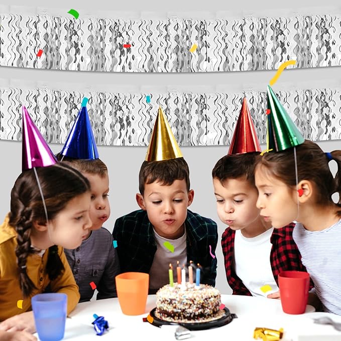 6 Pack 10 Feet Silver Wave Foil Fringe Garland Metallic Tinsel Streamers Banner Wall Hanging Curtain Backdrop for Parade Floats, Mother's Day, Easter, Wedding, Birthday Party Decoration
