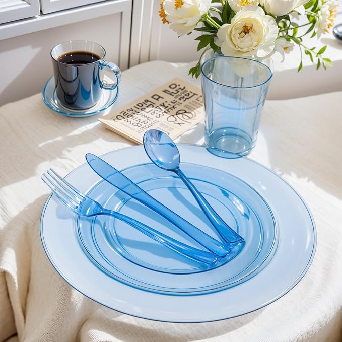 WDF 180 Pieces Blue Plastic Silverware Disposable - Clear Blue Cutlery Sets 60 Forks, 60 Knives and 60 Spoons - Heavy Duty Utensils for Party, Wedding, Graduation