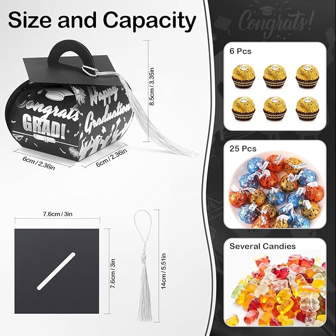 COTOPHER 36 Pcs Graduation Cap Gift Boxes with Tassel, Class of 2025 Graduation Candy Boxes Centerpieces for Tables Party Decorations, Mini Treat Chocolate Box Graduate Favors Supplies