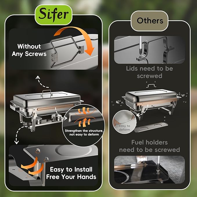 sifer Chafing Dishes for Buffet 4 Pack, 9 Qt Stainless Steel Chafing Dish Buffet Set with Folding Frame, Food Warmers for Parties, Catering Supplies, Weddings, and Christmas Buffets