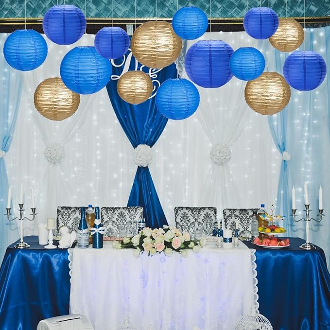 Paper Lanterns Party Decorations, Round Hanging Paper Lanterns Decorations for Graduation Anniversary Under The Sea Birthday Party Supplies Blue Gold 15pcs