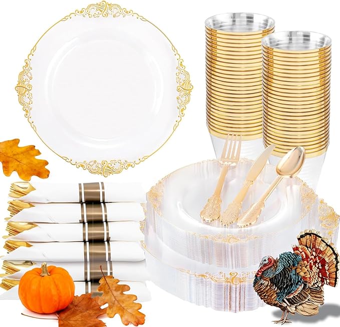 Nervure 175PCS Clear Gold Plastic Plates - Disposable Gold Party Plates & Pre Rolled Napkins with Cutlery for 25 Guests, 50Plates, 75Silverware, 25Cups, 25Napkin for Wedding & Party & Thanksgiving