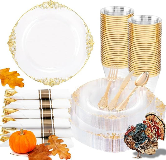 Nervure 175PCS Clear Gold Plastic Plates - Disposable Gold Party Plates & Pre Rolled Napkins with Cutlery for 25 Guests, 50Plates, 75Silverware, 25Cups, 25Napkin for Wedding & Party & Thanksgiving