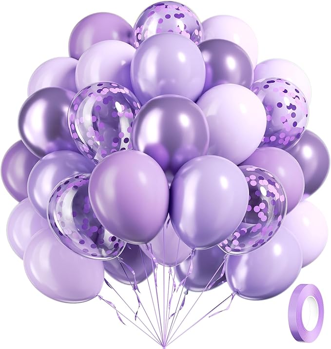 60pcs Lavender Balloons 12inch, Light Purple Balloons with Pastel Metallic Pearl Purple Confetti Balloons for Birthday Baby Shower Wedding Bridal Shower Party Decorations