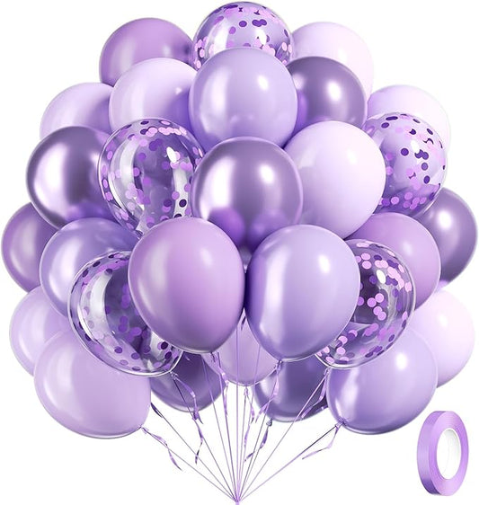 60pcs Lavender Balloons 12inch, Light Purple Balloons with Pastel Metallic Pearl Purple Confetti Balloons for Birthday Baby Shower Wedding Bridal Shower Party Decorations