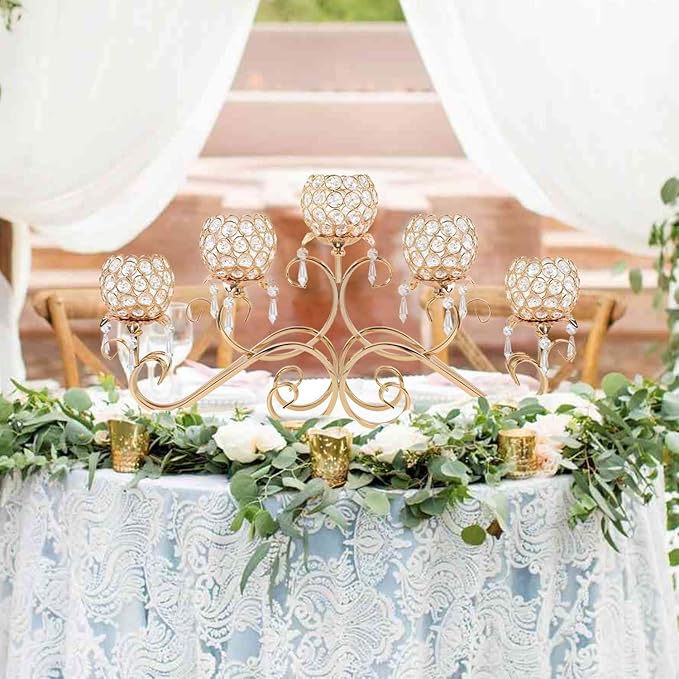 Gold 5 Arms 26.8 Inches Wide Crystal Pendant Bowl Tea Light Candle Holder, Large Bling Centerpiece Table Decorations, Metal Votive Candle Holders for Dining Table (Gold, Bowl-Shaped)