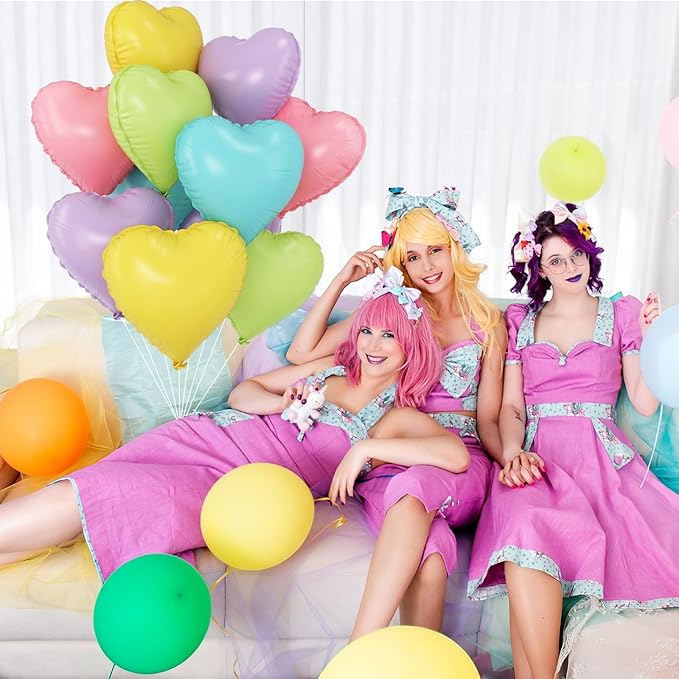 Pastel Colorful Heart Balloons,10Pcs Rainbow Foil Heart Shaped Balloons,18Inch Pink Blue Yellow Green Purple Helium Balloon for Valentines Engagement Birthday Baby Shower Wedding Party Decorations