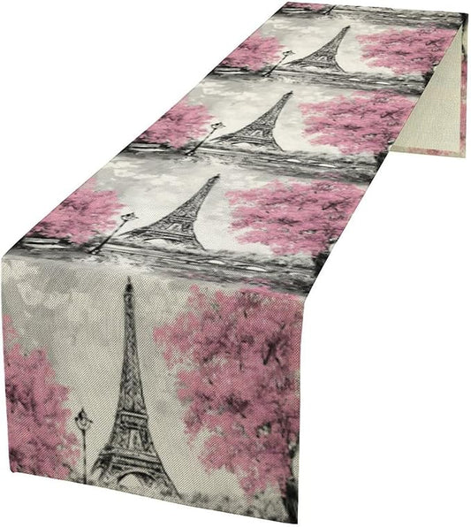 Paris Eiffel Tower Table Runner, Watercolor Eiffel Tower Dinner Runner for Farmhouse Kitchen Dining Table Holiday Party Decoration 13 x 120 Inch
