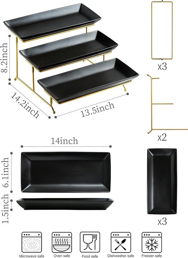 LYEOBOH 3 Tier Serving Tray Set, Tiered Serving Stand with Platters, Serving Dishes for Entertaining Halloween Christmas Party, Collapsible Sturdier Stand & 14 Inch Large Platters for Food Display