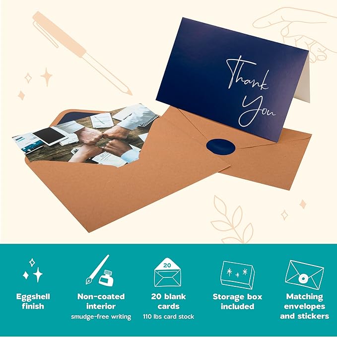 VNS Creations 20 Pack Thank You Cards With Envelopes, Stickers, 4x6 Inch Blank Thank You Notes - Bulk Box Set Large Notes for Graduation, Wedding, Small Business, Baby & Bridal Shower - Navy Blue