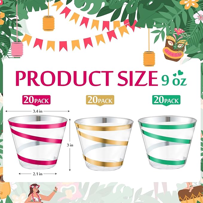 Gejoy 9 oz Rimmed Swirl Plastic Cups Disposable Wine Drinking Cups Clear Elegant Halloween Tumblers for Christmas Party Supplies(Hot Pink, Gold, Green,60 Pcs)