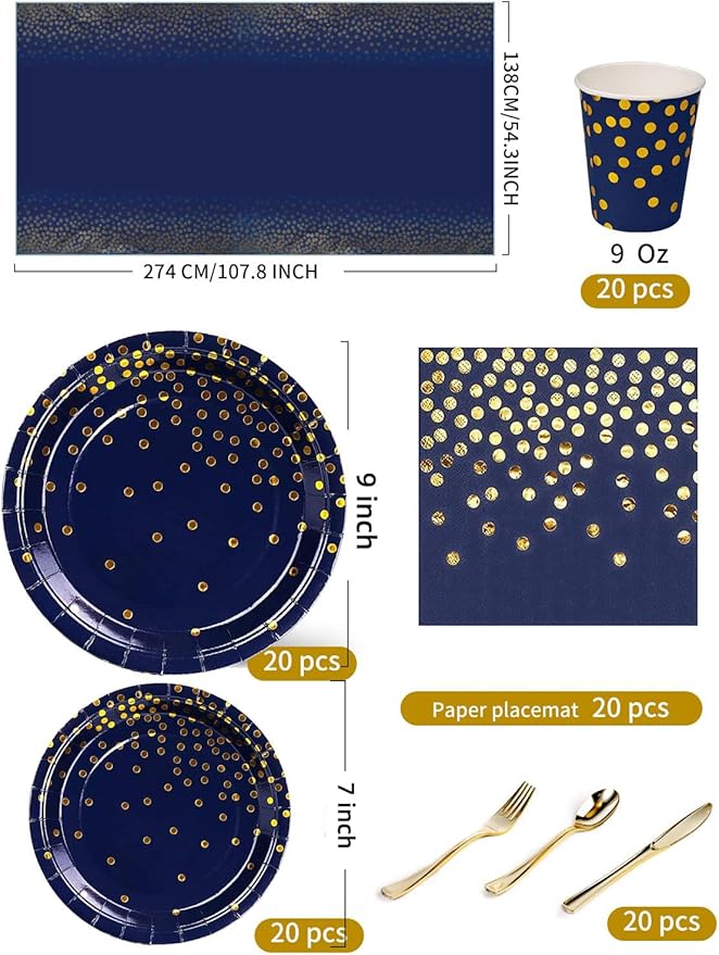 141 Pieces Navy Blue Gold Party Supplies, Disposable Party Decorations Sets Include Paper Plates Napkins Cups, Plastic Forks Knives Spoons, for Baby Shower Birthday Wedding -20 Guests