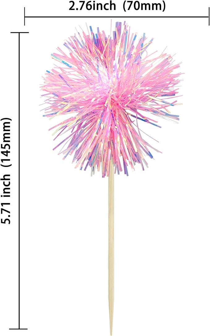 Gyufise 30Pcs Foil Firework Cupcake Toppers Sparkle Tinsel Cake Toppers Tinsel Drink Cake Decoration Cocktail Picks for Birthday Wedding Graduation Party Supplies Dark Pink