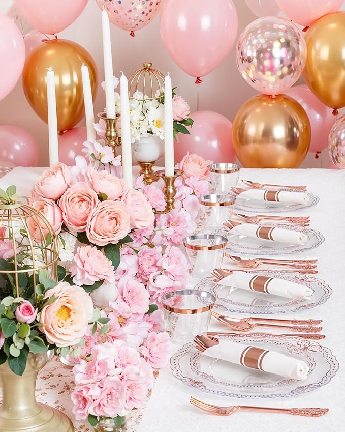 Ciaell 350 PCS Rose Gold Plastic Plates - Rose Gold Disposable Plates Dinnerware Include 50 Disposable Plate, 50 Heavy Duty Silverware, 50 Cups, 50 Napkins for Wedding & Party & Anniversary
