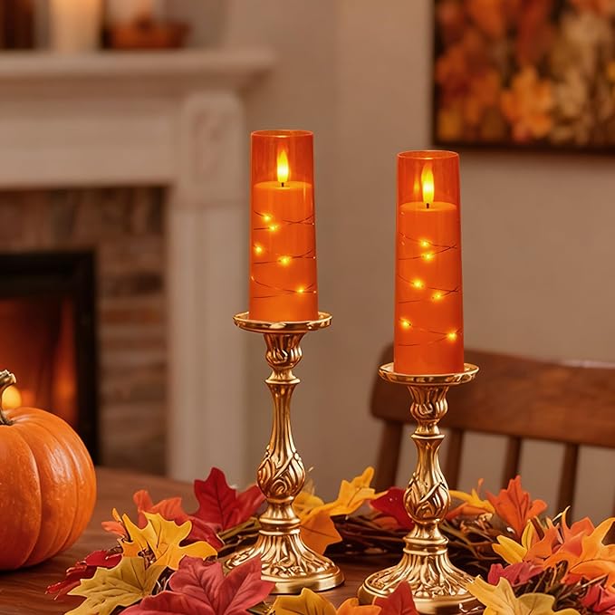 Raycare Flameless Candle with Remote Timer – 9 Flickering Acrylic Battery Operated LED Pillar Candles with Embedded Star String for Halloween, Home Decor, and as a Gift (Orange)