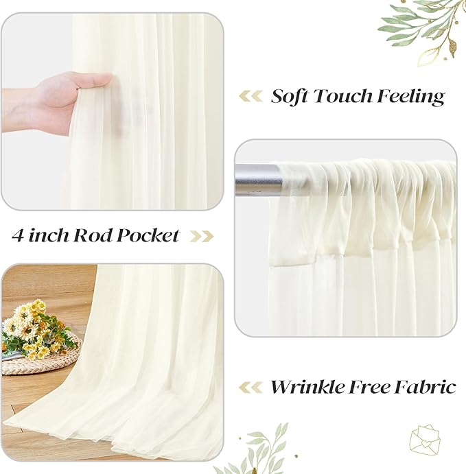 30ft x 10ft Ivory Backdrop Curtain with Lights String for Parties, Sheer Tulle Wedding Photo Backdrops Drapes for Baby Shower Birthday Party Decorations Background for Photography