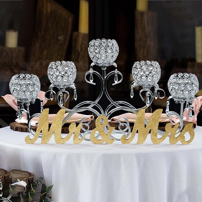 Silver 5 Arms 26.8 Inches Wide Crystal Pendant Bowl Tea Light Candle Holder, Large Bling Centerpiece Table Decorations, Metal Votive Candle Holders for Dining Table(Silver, Bowl-Shaped)