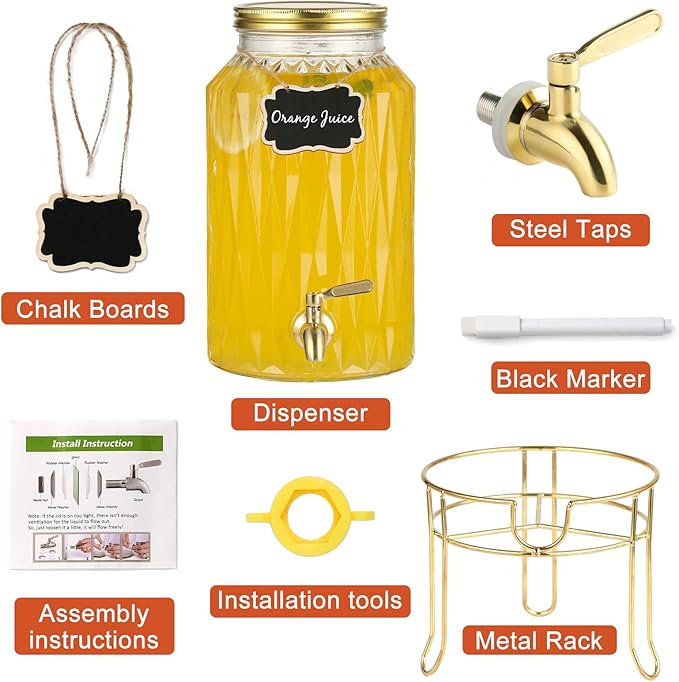 1.5 Gallon Glass Drink Dispenser with Stand – Large Beverage Dispenser with Stainless Steel Spigot, Chalkboard Tags & Marker – Glass Water Dispenser for Fridge, Parties, Weddings and Home Use,Glod