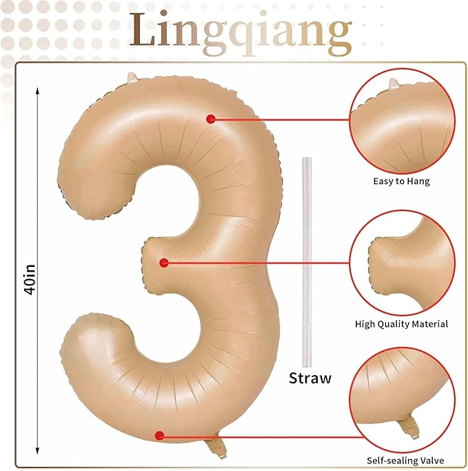 Apricot Number 3 Balloon for Girls Boys, 40 Inch Large Nude Number 0-9 Foil Balloons Set, Tan Digital 3 Balloons for Women Men Birthday Graduation Anniversary Party Decorations Celebration Supplies